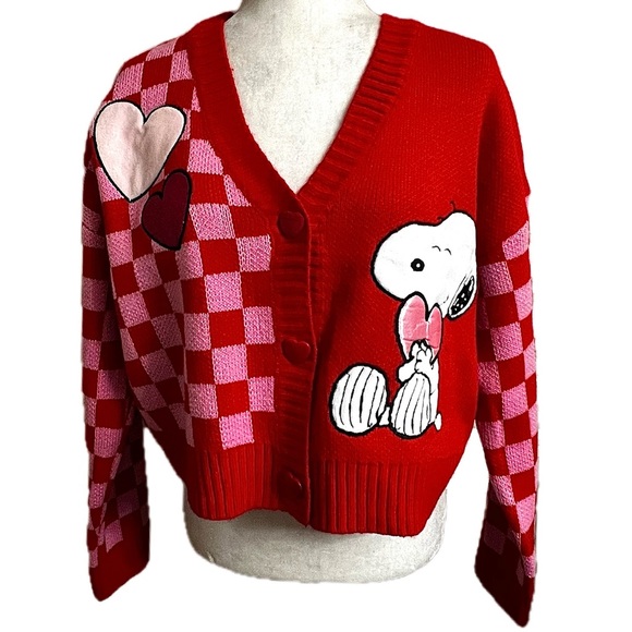Peanuts Snoopy Valentine's Day Heart Checkerboard Cardigan red pink  NWT medium - Picture 2 of 12
